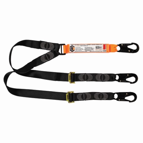 LINQ SHOCK ABSORBING WEBBING LANYARD ADJUST DBL LEG 3 X SNAP HOOK